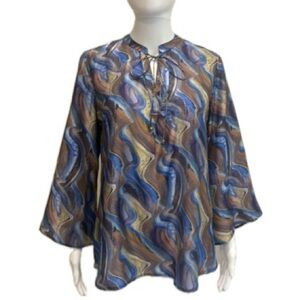 NWT APNY Satin Tunic Blouse Size M Artsy Watercolor Split Neck Flowy Bell Sleeve